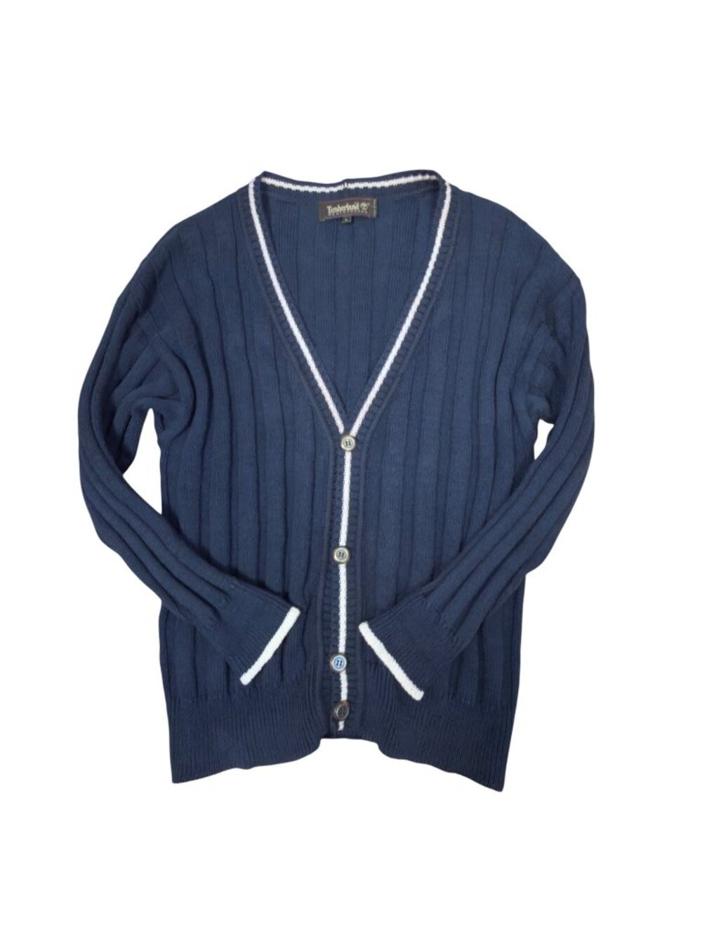 Vtg Timberland Cardigan Sweater Weathergear Sz LG Navy White Trim Ribbed Cotton